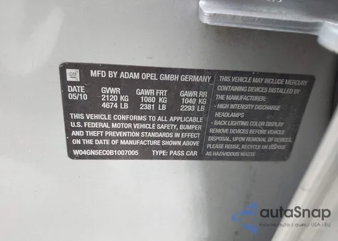 2011 Buick Regal Cxl Russelsheim z USA, uszkodzony, nr VIN W04GN5EC0B1007005